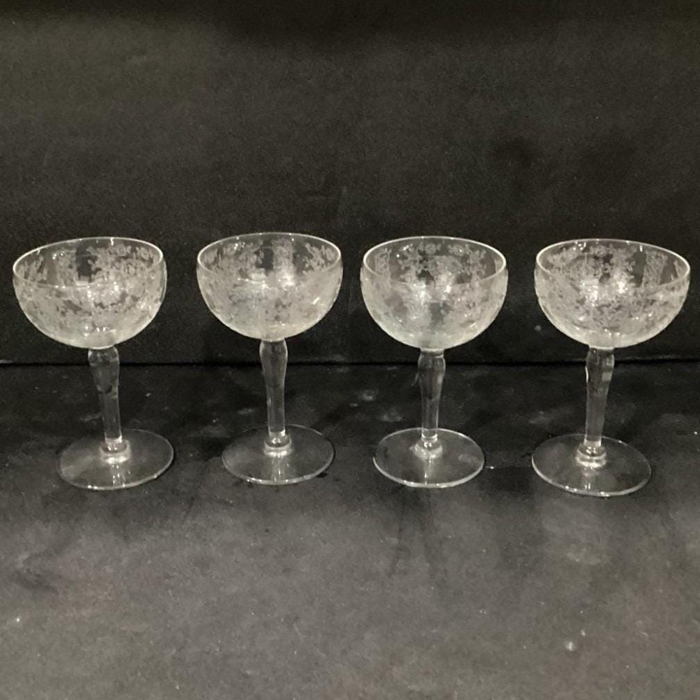 Fostoria Style Chinz Tall Sherbet Glasses, Set Of 4, Vintage Etched Stemware - Picture 7 of 11